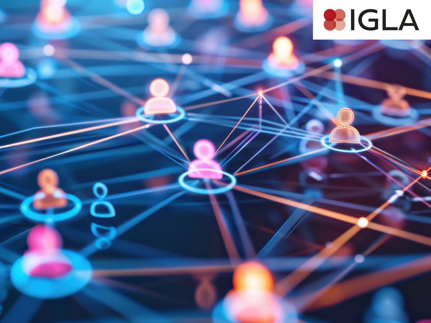 A colorful network of people is displayed in a blue background