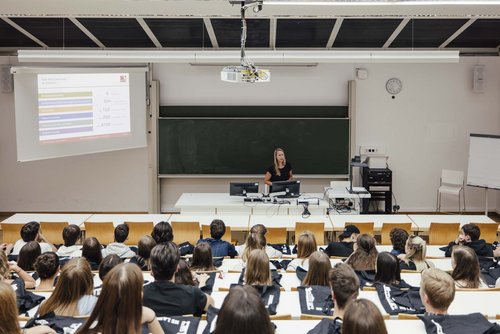 Man sieht mehrere sitzende Personen und eine Person die vorne im Raum an einer Tafel steht.